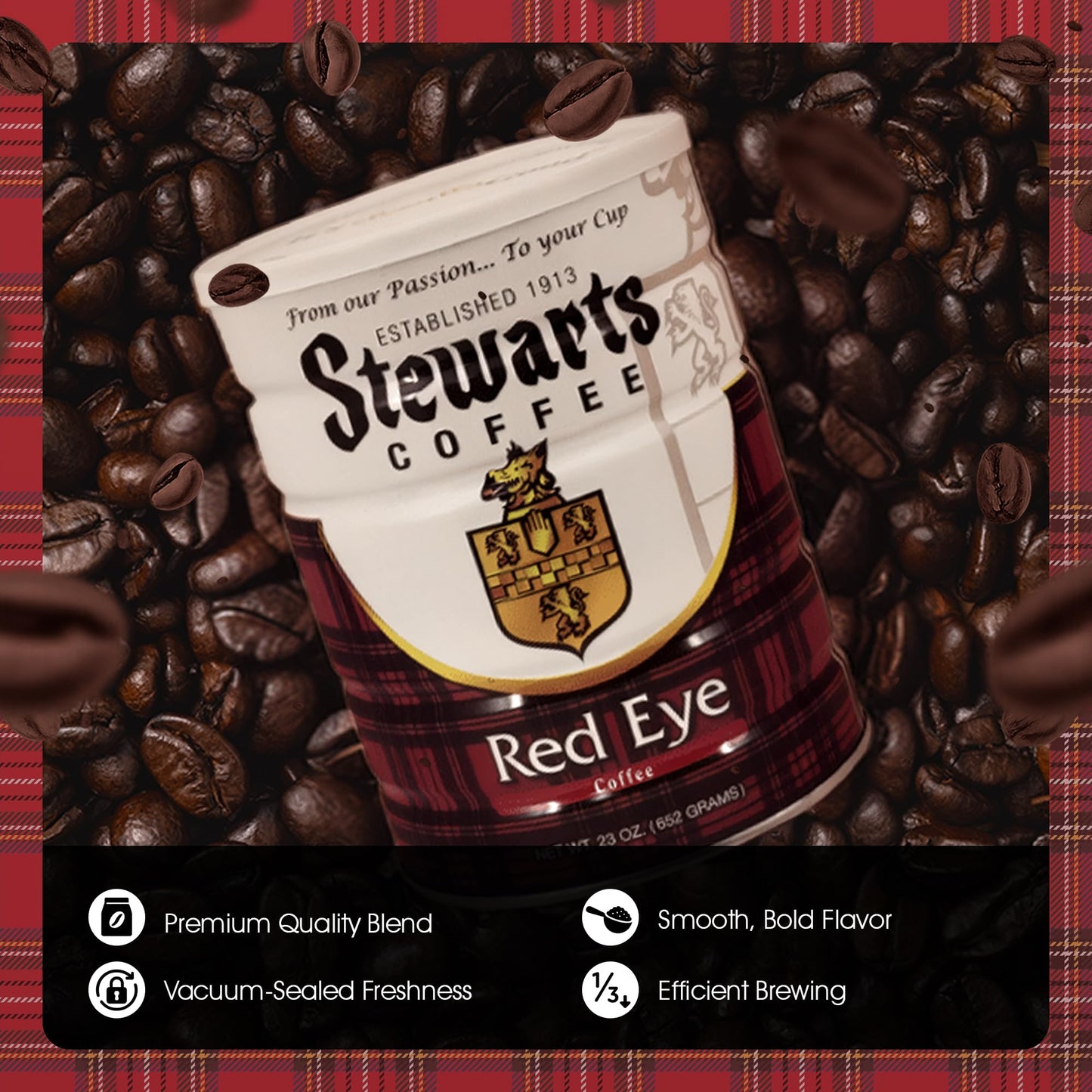 Stewarts - Red Eye Ground Coffee - Dark Roast - Vacuum Sealed Bags - Bold & Rich Dark Roast Ground Coffee - Ideal for Morning En