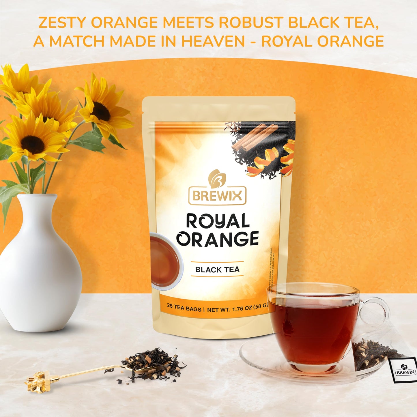 Brewix, Royal Orange Spice Black Tea (25 Pyramid Tea Bags) | Black Tea With Orange And Spices | Premium Black Tea With Orange |