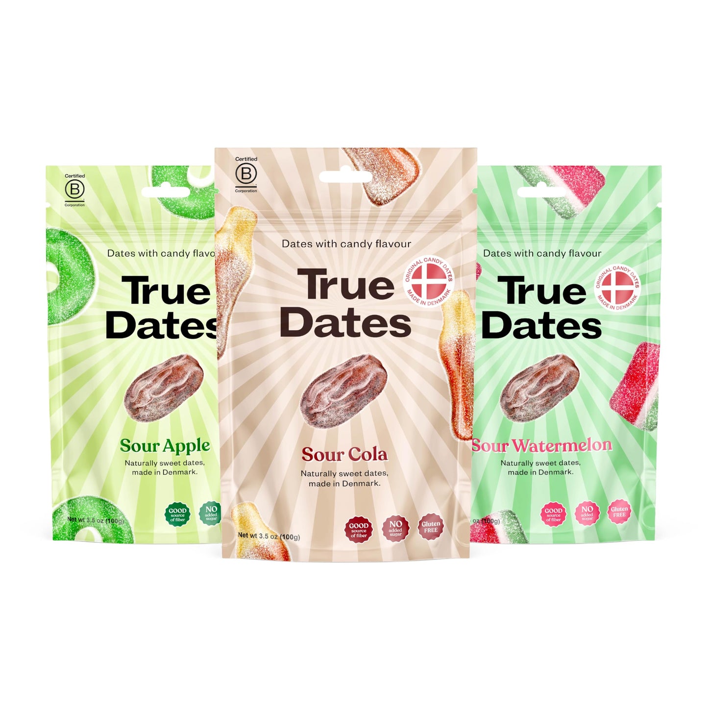 True Dates, Sour Flavor Variety, 3-3.5 Ounce Bags (Sour Apple, Sour Cola, Sour Watermelon) - Dates With Candy Flavor, Vegan, No 