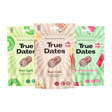 True Dates Candy Dates, Sour Flavor Variety, Vegan, Gluten Free, 3-3.5 Ounce Bags (Sour Apple, Sour Cola, Sour Watermelon)