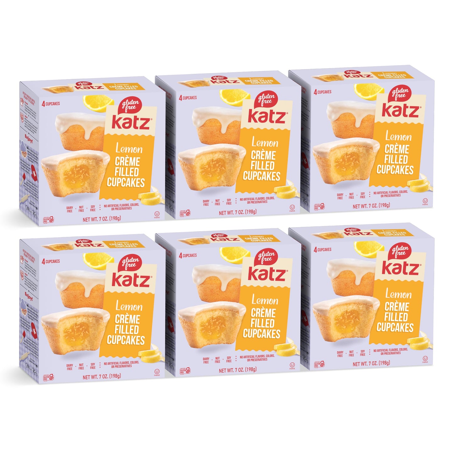 Katz Gluten Free Lemon Creme Filled Cupcakes. Free of Dairy, Peanuts, Tree Nuts, and Sesame. Kosher Snack, 7oz (6Pk)