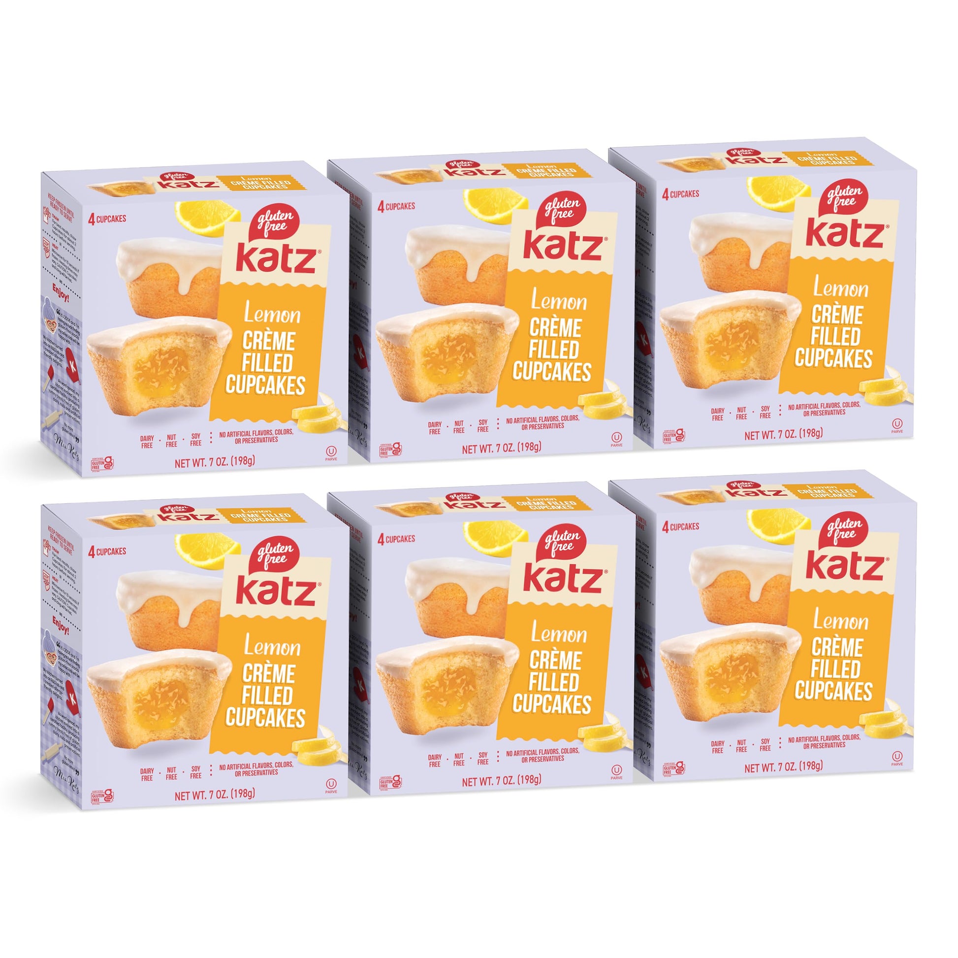 Katz Gluten Free Lemon Creme Filled Cupcakes. Free of Dairy, Peanuts, Tree Nuts, and Sesame. Kosher Snack, 7oz (6Pk)