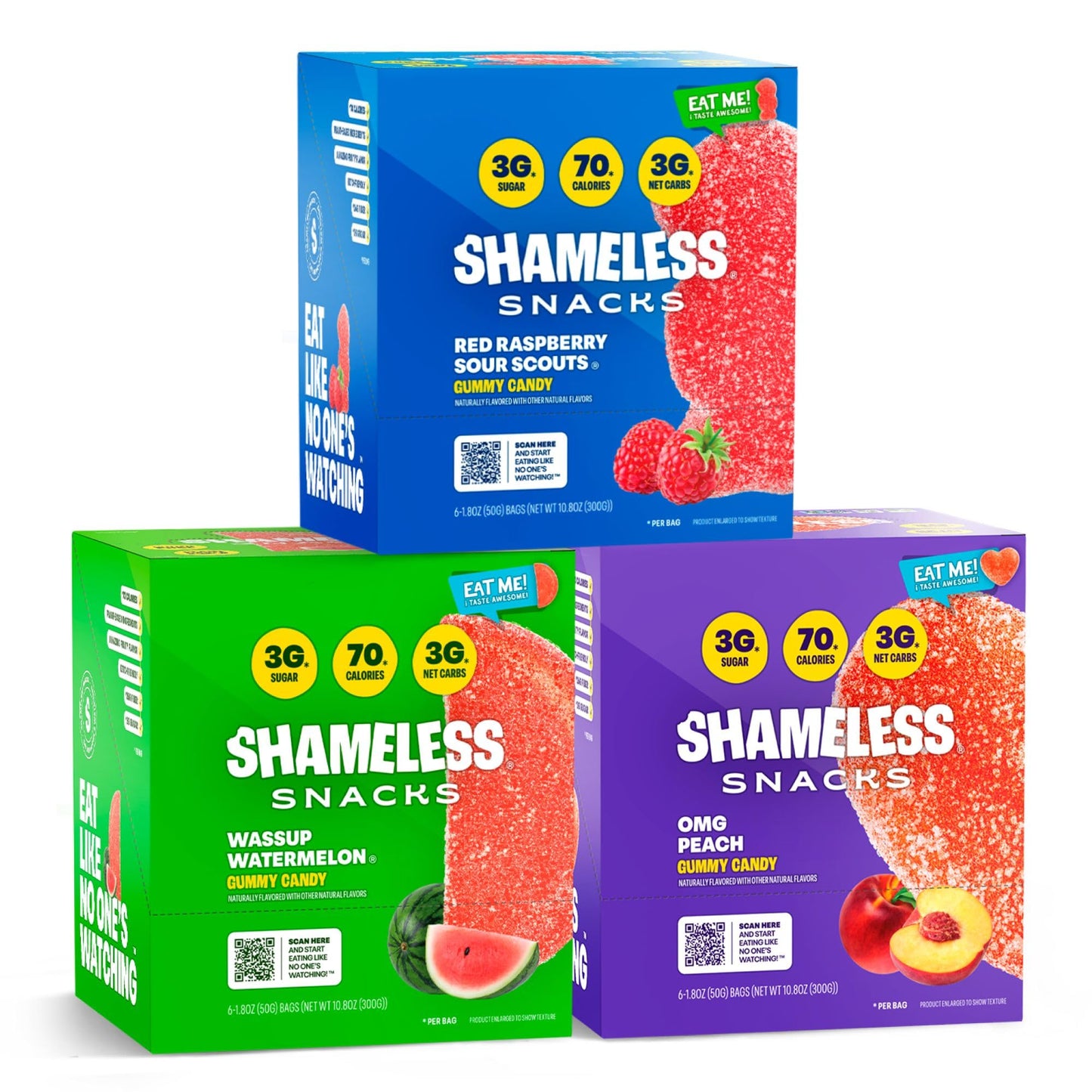 Shameless Snacks Fan Favorites Bundle Healthy Low Carb Keto Gummies Red Raspberry, Watermelon and Sour Peach