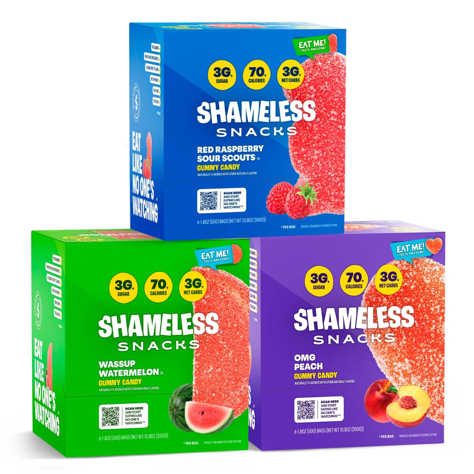 Shameless Snacks Fan Favorites Bundle Healthy Low Carb Keto Gummies Red Raspberry, Watermelon and Sour Peach