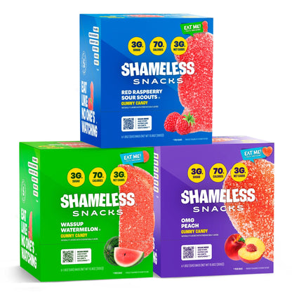Shameless Snacks Fan Favorites Bundle Healthy Low Carb Keto Gummies Red Raspberry, Watermelon and Sour Peach