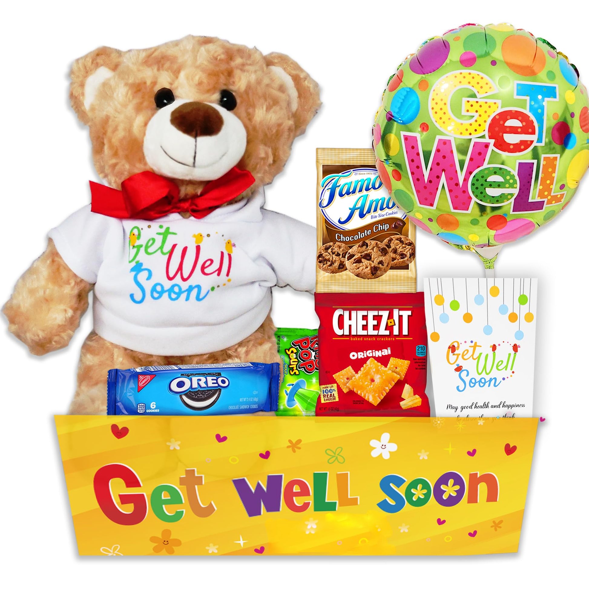 Beyond The Box Get Well Gift Basket with Teddy Bear, Balloon, Candy & Snacks - Medium Care Package for Kids