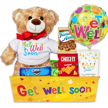 Beyond The Box Get Well Gift Basket with Teddy Bear, Balloon, Candy & Snacks - Medium Care Package for Kids