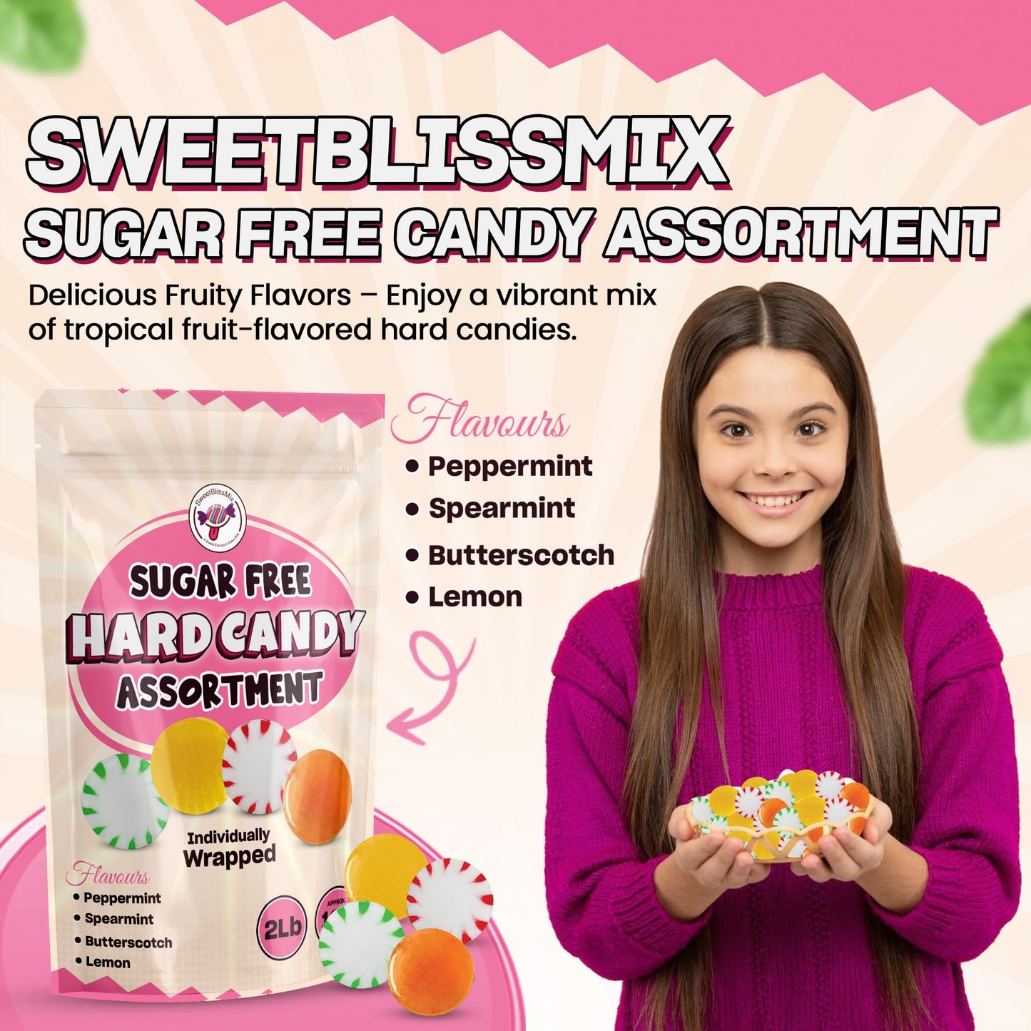 SweetBlissMix Sugar Free Hard Candy Assortment - Lemon, Butterscotch, Spearmint, Peppermint - 2Lbs, Keto Friendly, Individually Wrapped