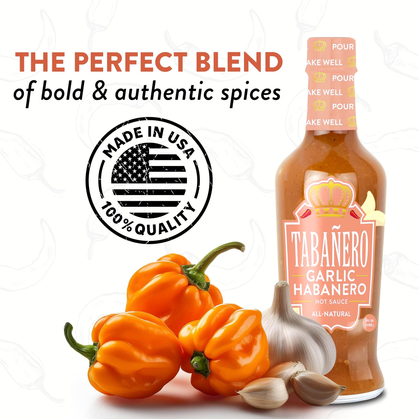 Tabanero Garlic Habanero Hot Sauce, All Natural, Low Sodium, 5 oz Glass Bottle