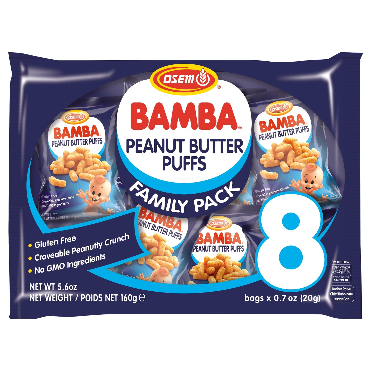 Osem Bamba Peanut Snacks for the Family - All Natural Peanut Puffs (Pack of 8) 0.7oz bags - Only 4 Ingredients - Peanut Butter P