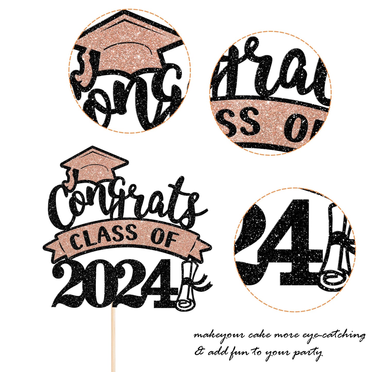 YCTHUNFISH Graduation Cake Topper, Rose Gold Glitter Diploma & Cap, Class of 2024 Decorations for High School Celebrations