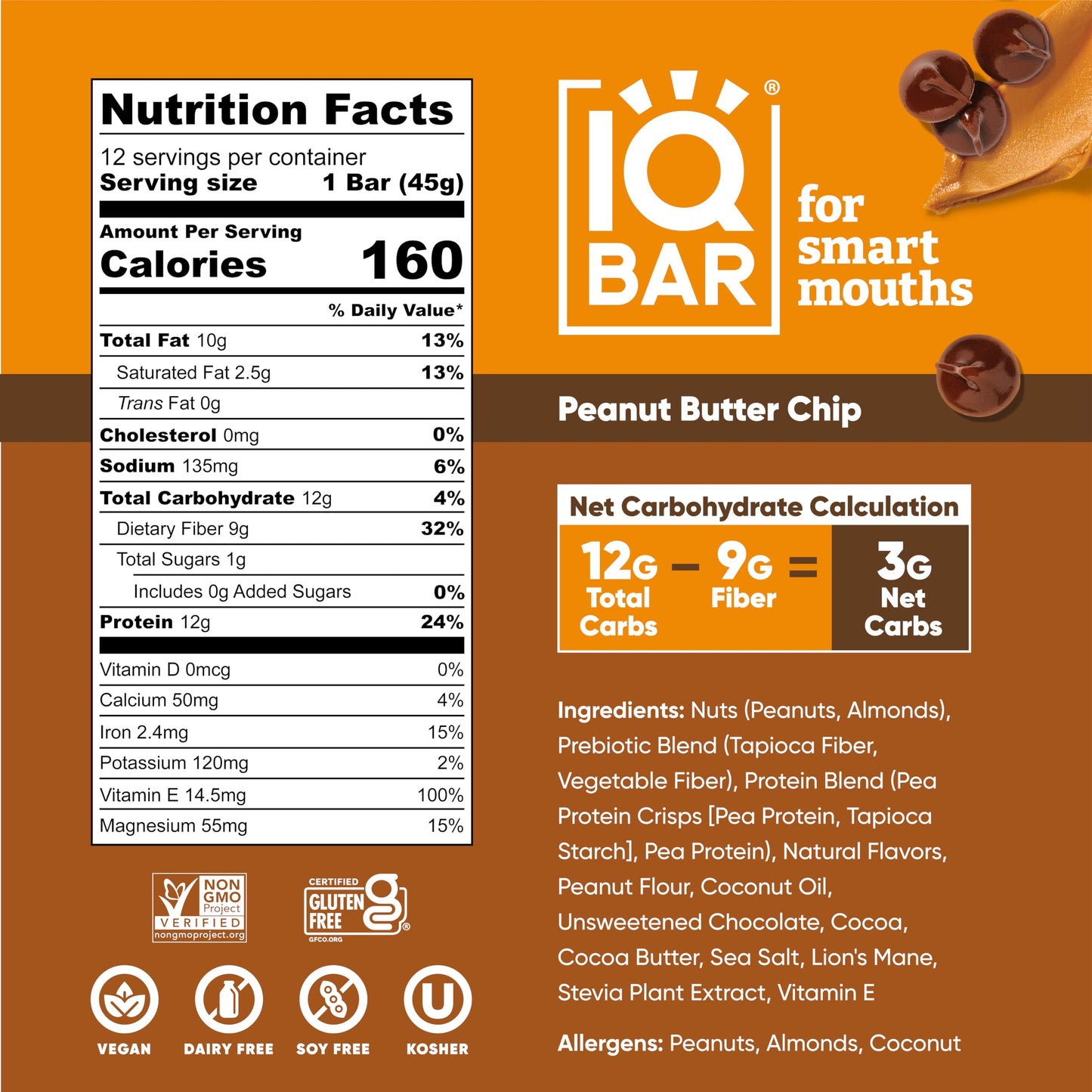 IQBAR Brain and Body Plant Protein Bars - Peanut Butter Chip - 12 Count, Low Carb, High Fiber, Gluten Free, Vegan Snacks - Low S