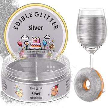 Nomeca Edible Glitter for Drinks and Cakes, 8g Food Grade Luster Dust, 2-Silver