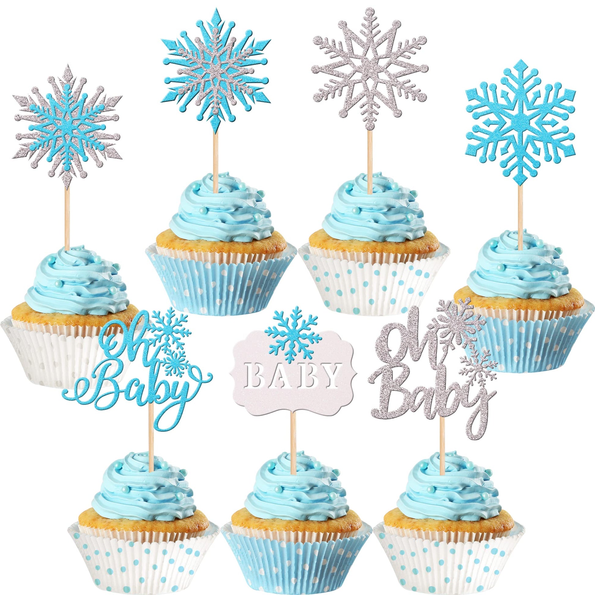 28 PCS Snowflake Oh Baby Cupcake Toppers Glitter Winter Frozen Theme Baby Snowflake Cupcake Picks for Winter Wonderland Gender R
