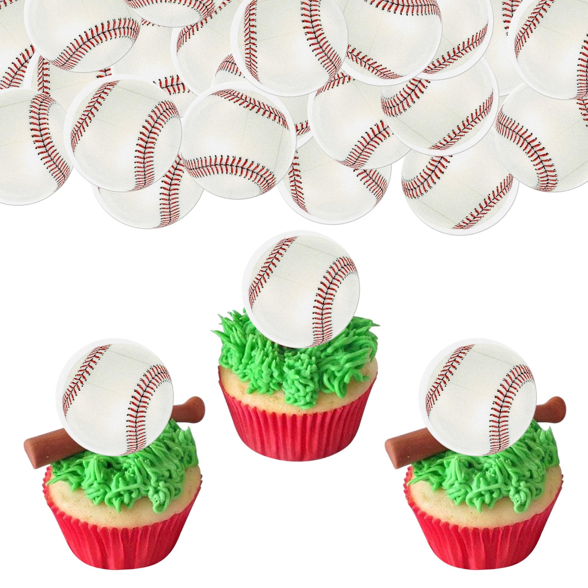 48 PCS Edible Baseball Cupcake Toppers Wafer Paper Sports Balls Cupcake Picks Edible Baseball Cupcake Decorations for Sports bas