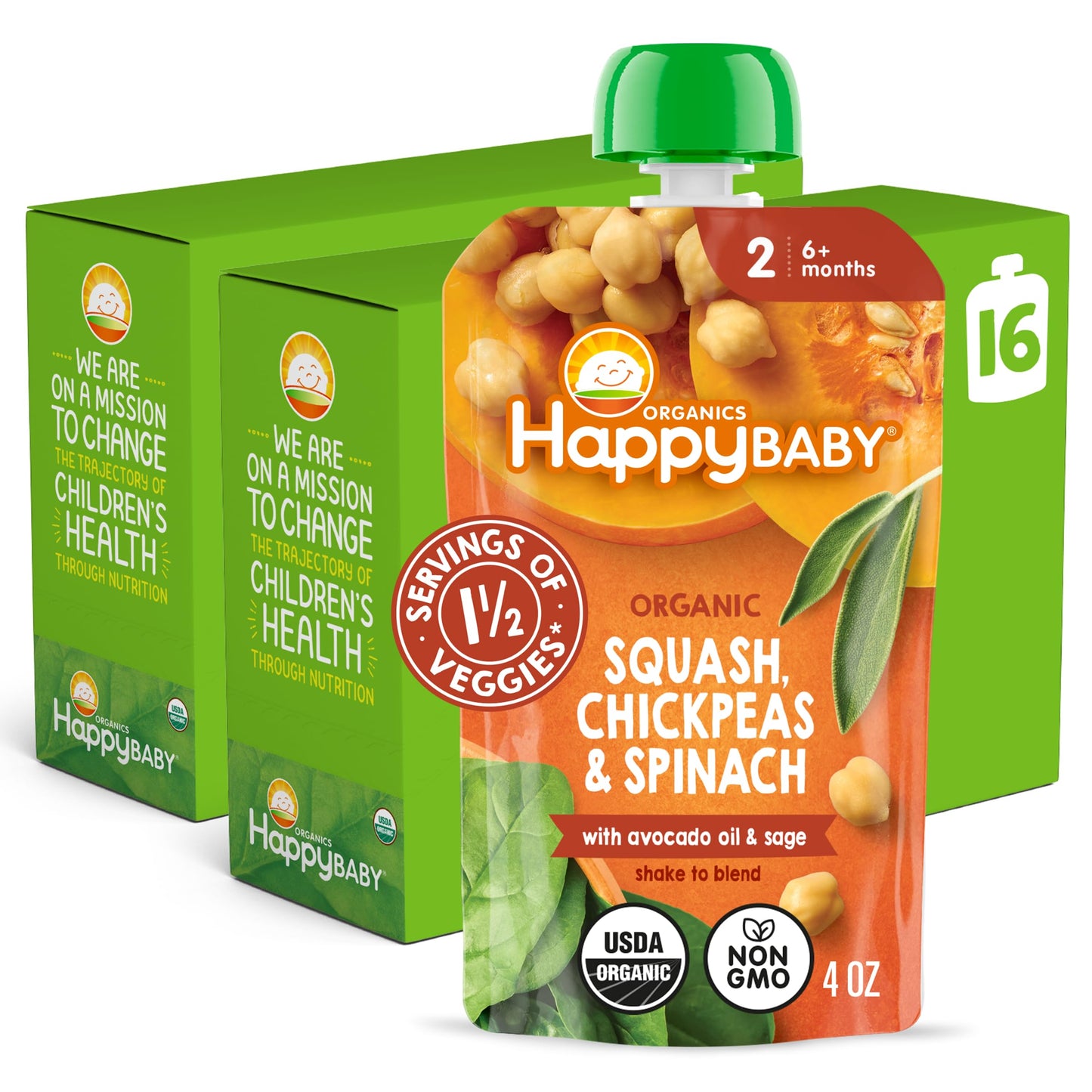 Happy Baby Organics Savory Blends Stage 2 Baby Food, Squash Chickpeas & Spinach with Avocado Oil + Sage, 4 Ounce Pouch (Pack of 
