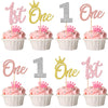 24 PCS One Cupcake Toppers Glitter Crown One 1st Birthday Cupcake Picks Number 1 One Cake Picks for Baby Shower Kids First Birth
