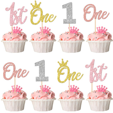 24 PCS One Cupcake Toppers Glitter Crown One 1st Birthday Cupcake Picks Number 1 One Cake Picks for Baby Shower Kids First Birth