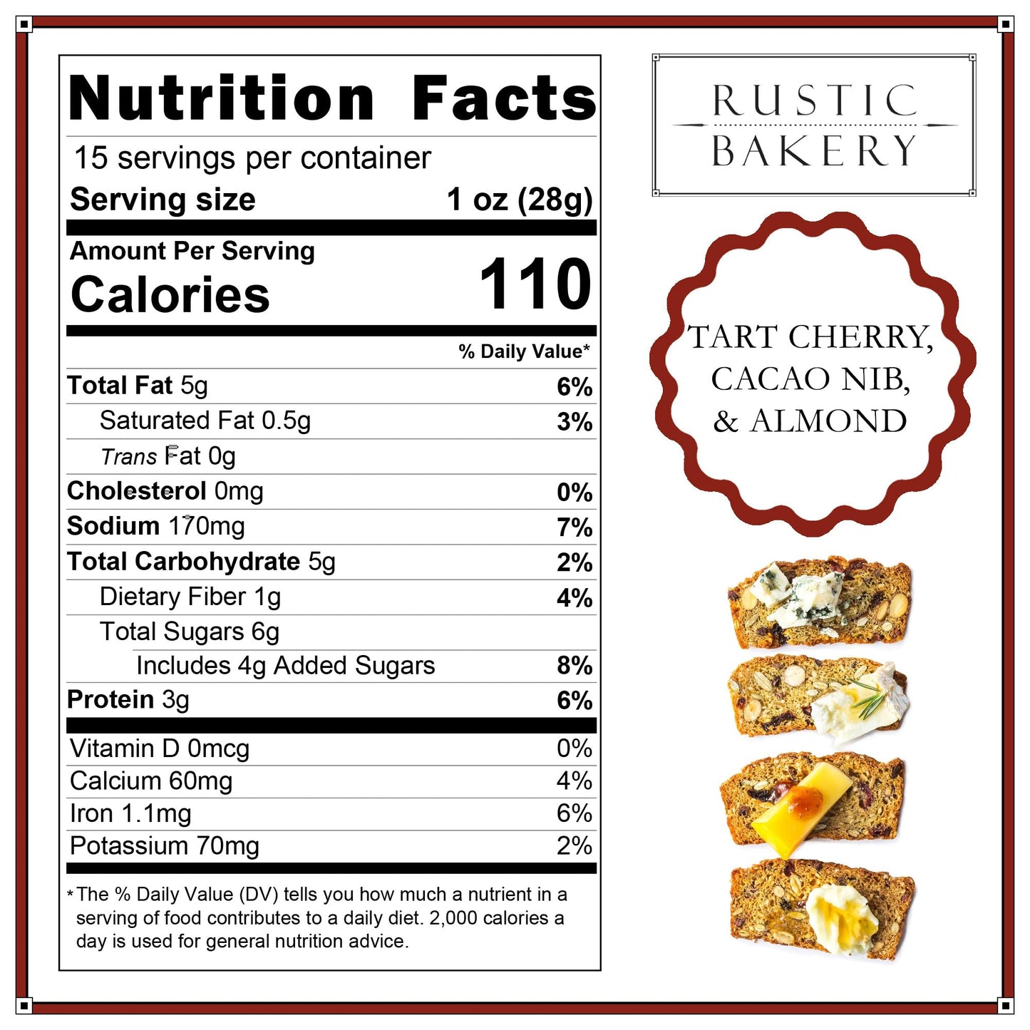 Rustic Bakery Artisan Crisps - Tart Cherry, Cacao Nib, & Almond - Artisan Crackers for Cheese Platter or Snacking - Slightly Swe