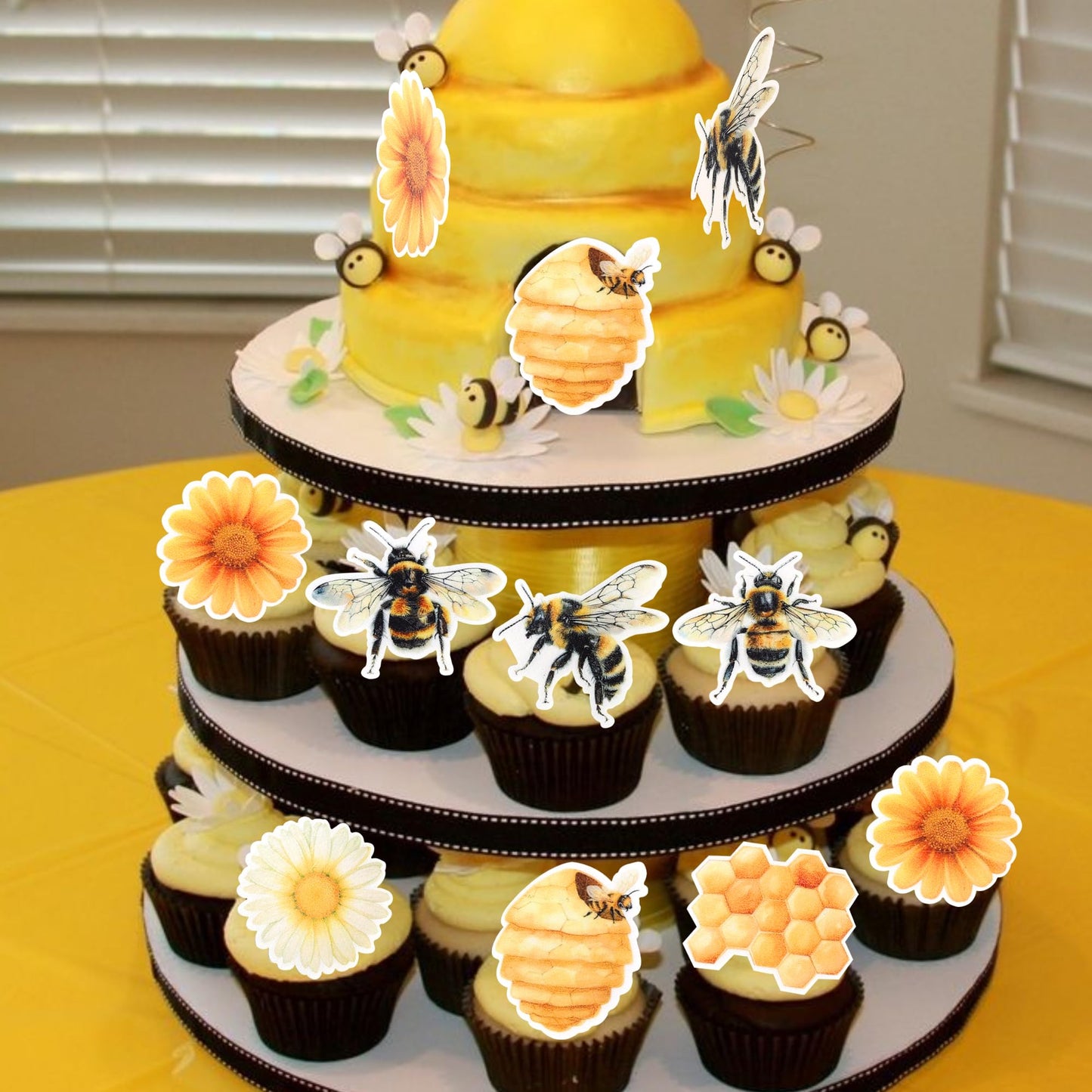 63 Pcs Edible Bumble Bee Cupcake Toppers Honey Bee Daisy Cupcake Picks Edible Sunflower Oh Babee Cupcake Decorations For Bee The