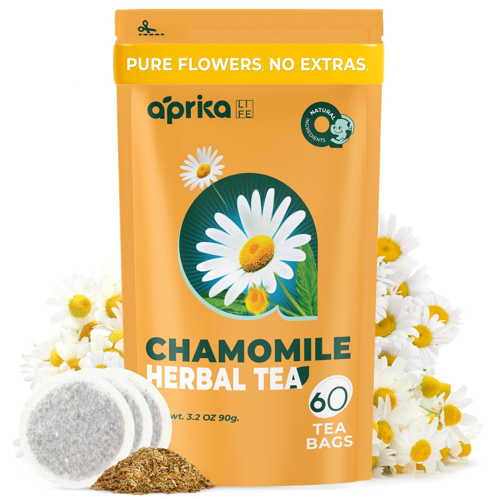 Aprika Life Chamomile Tea Bags - 100% Pure Flowers, Caffeine Free, 60 Count