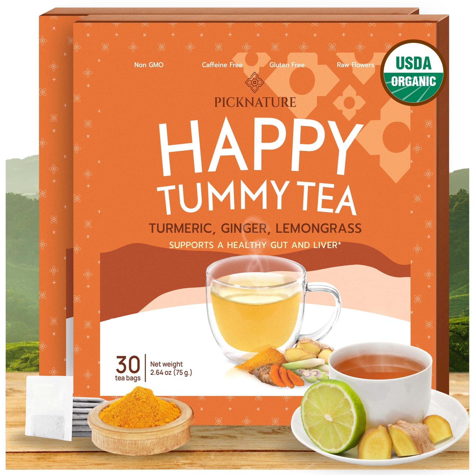 Picknature Usda Organic Happy Tummy Tea - Digestive Tea With Lemongrass, Turmeric, Ginger Tea Freshly Picked From Thailand| 60 T
