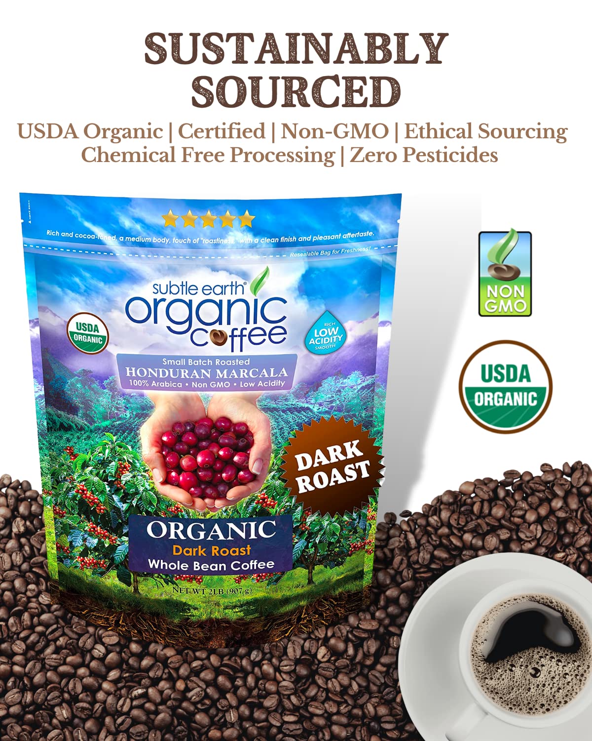 Subtle Earth Organic Coffee - Dark Roast - Whole Bean Coffee - 100% Arabica Beans - Low Acidity and Non-GMO - 2lb bag