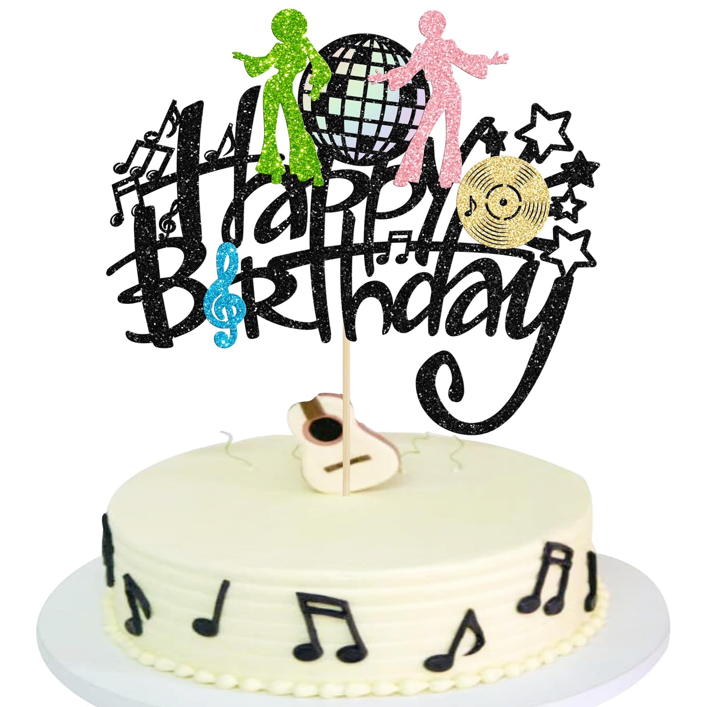 Gyufise 1Pcs Rock Happy Birthday Cake Topper Glitter Music Disco Ball Cake Pick 70'S Disco Dancing Rock Cake Decoration For Rock