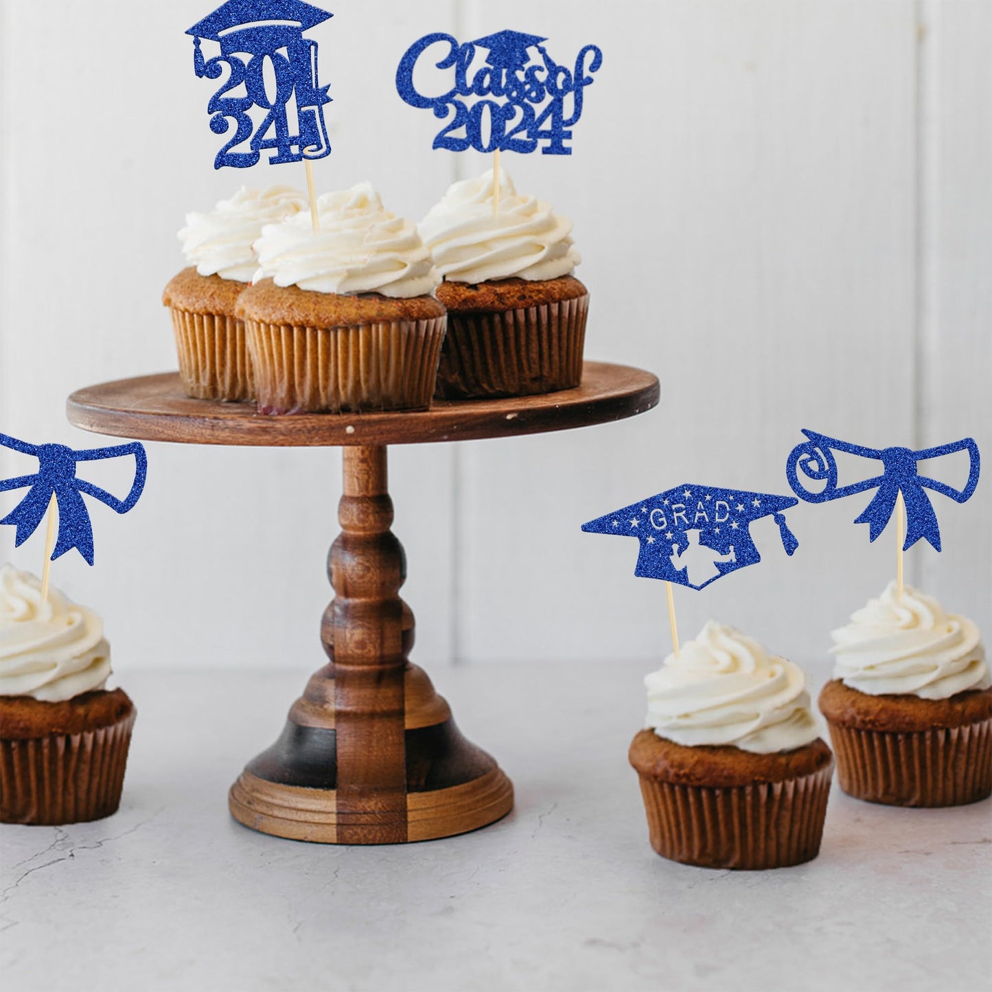 Gyufise 24Pcs 2024 Graduation Cupcake Toppers Deep Blue Glitter Class Of 2024 Diploma Congrats Grad Cap Cupcake Picks 2024 Gradu