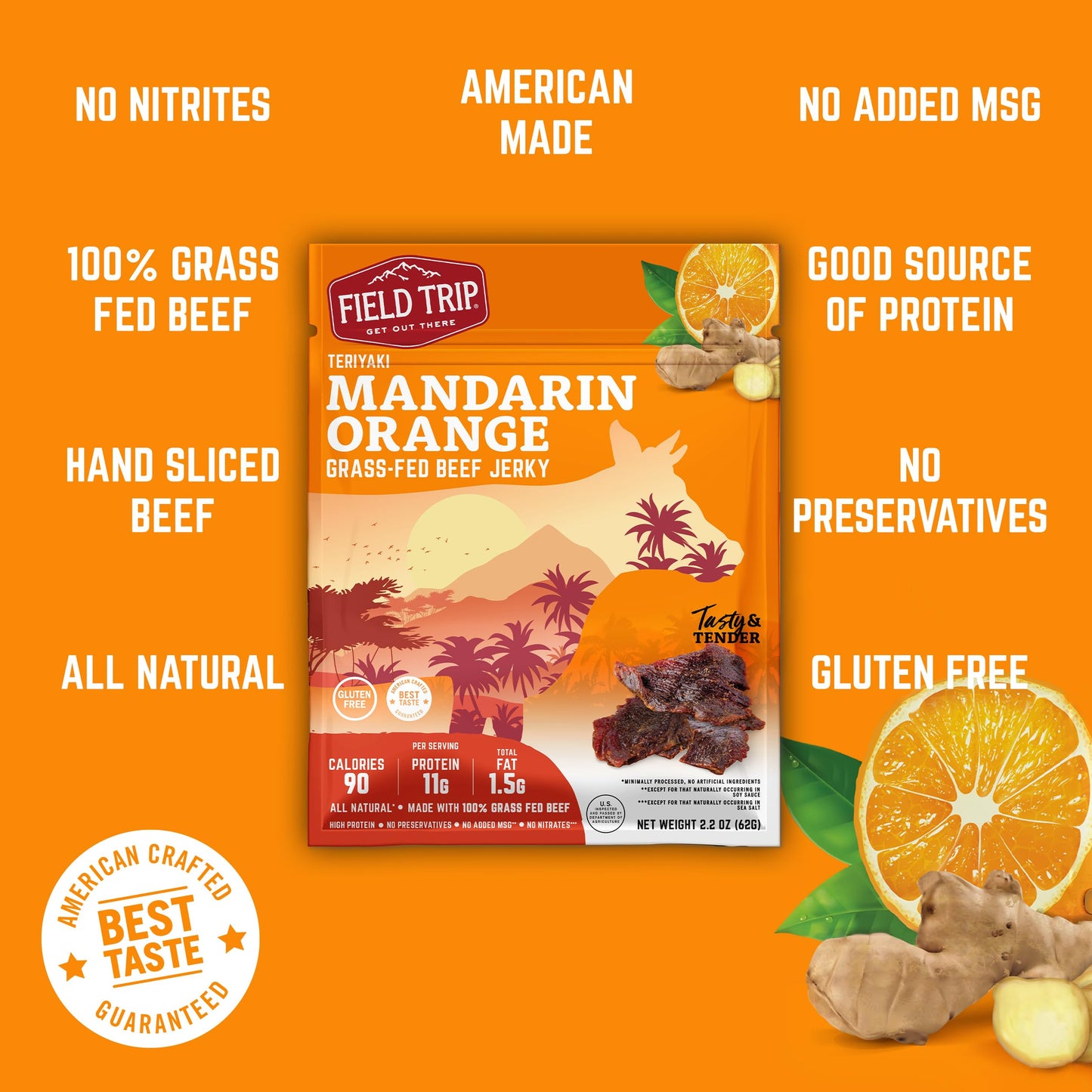 Field Trip Beef Jerky, Healthy Gluten Free, High Protein, Low Carb, Mandarin Orange Teriyaki, 2.2oz Bag, 4 Pack