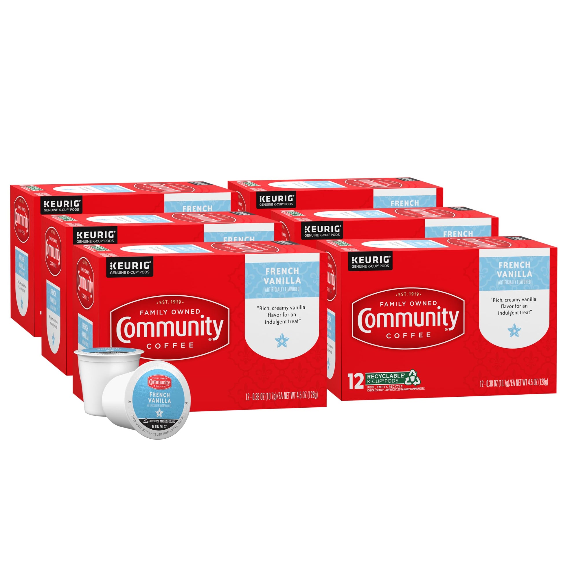 Community Coffee French Vanilla Coffee Pods, Medium Roast, 72 Count, Compatible with Keurig 2.0, Model 16277-6