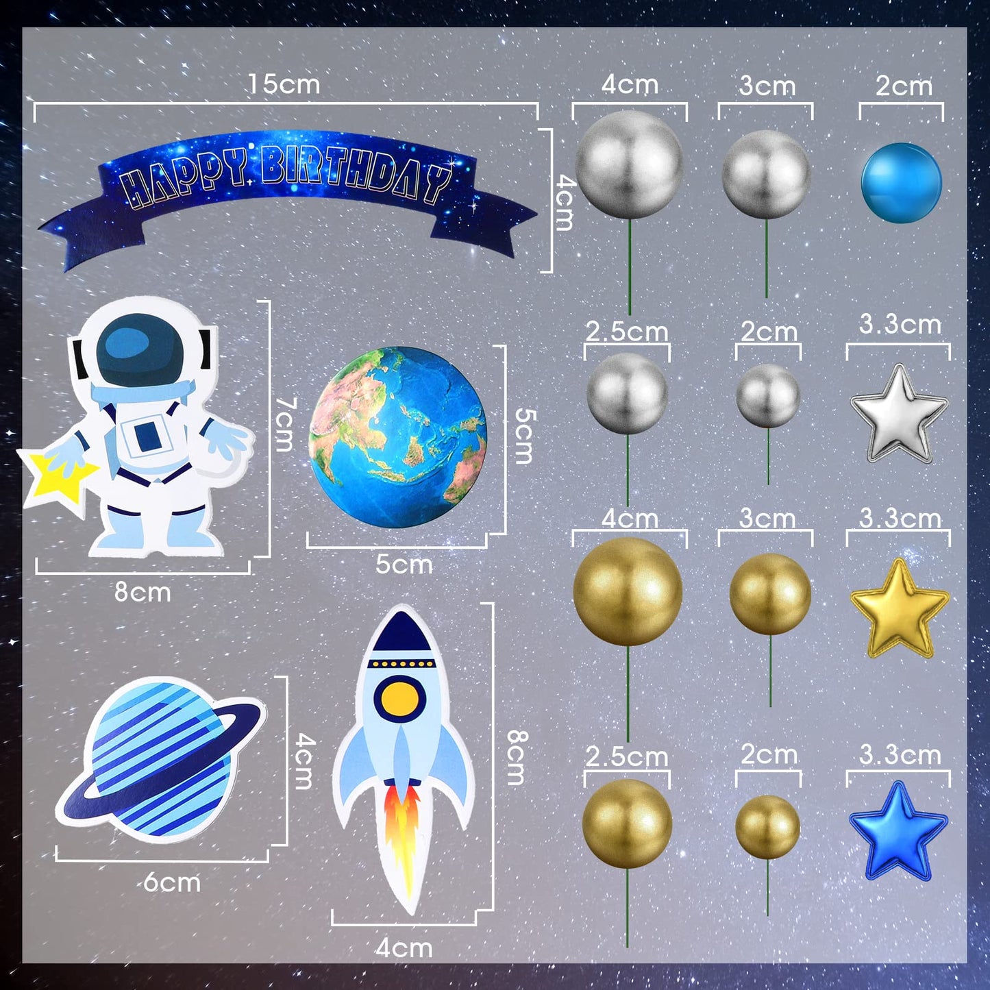 24 Pcs Astronaut Space Cake Toppers Outer Space Cake Toppers Decoration Astronaut Figurines Planet Rocket Satellite Pearl Balls