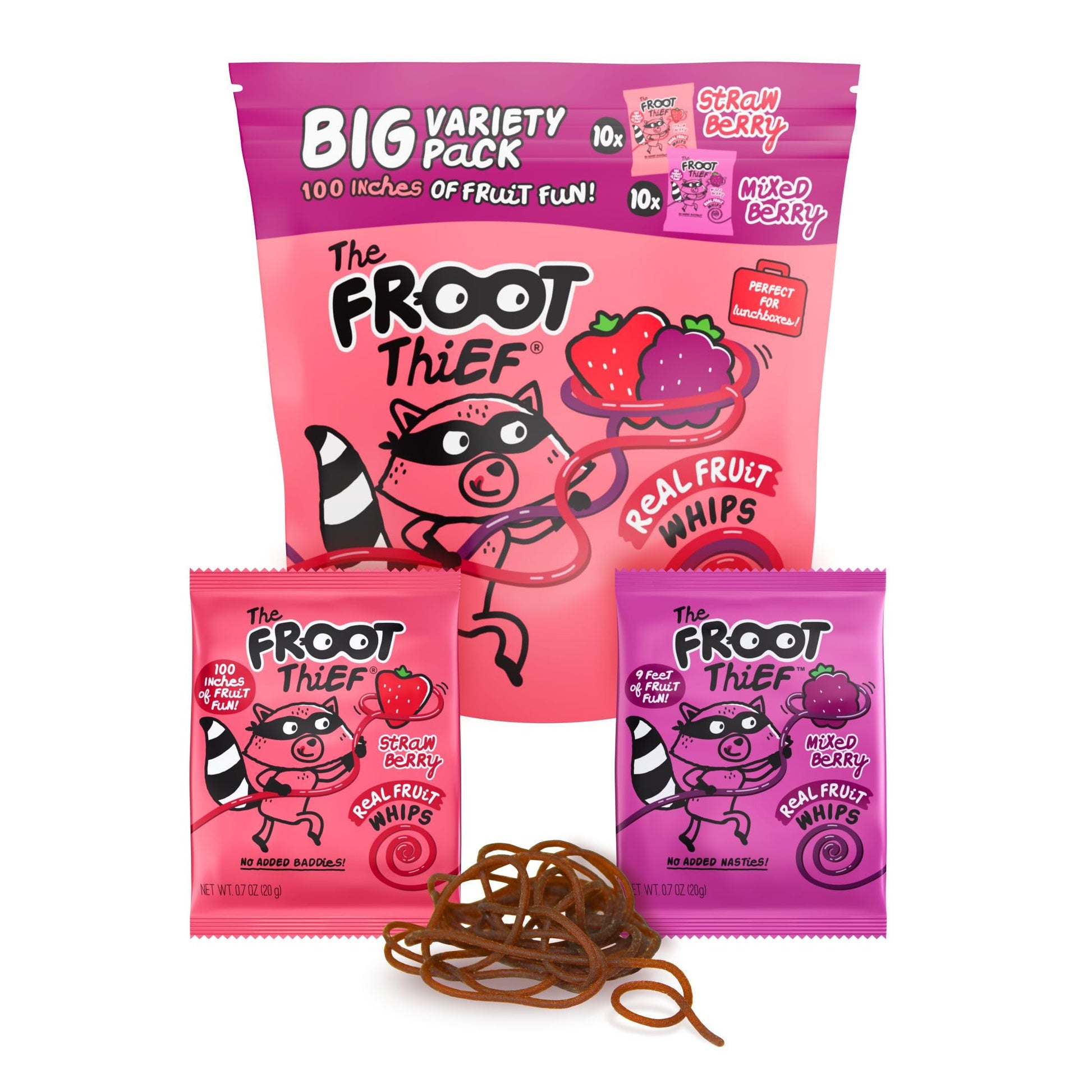 The FROOT Thief Real Fruit Snack Whips BIG Variety Pack, Nut Free, Individual Bags for Kids School Lunches, 10xStrawberry, 10xMi