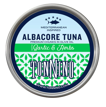 Tonnino Tuna Fish Albacore - Premium Chunk in Olive Oil with Garlic & Herbs - 4.94 oz (Pack of 12) - Ready to Eat Protein Snacks