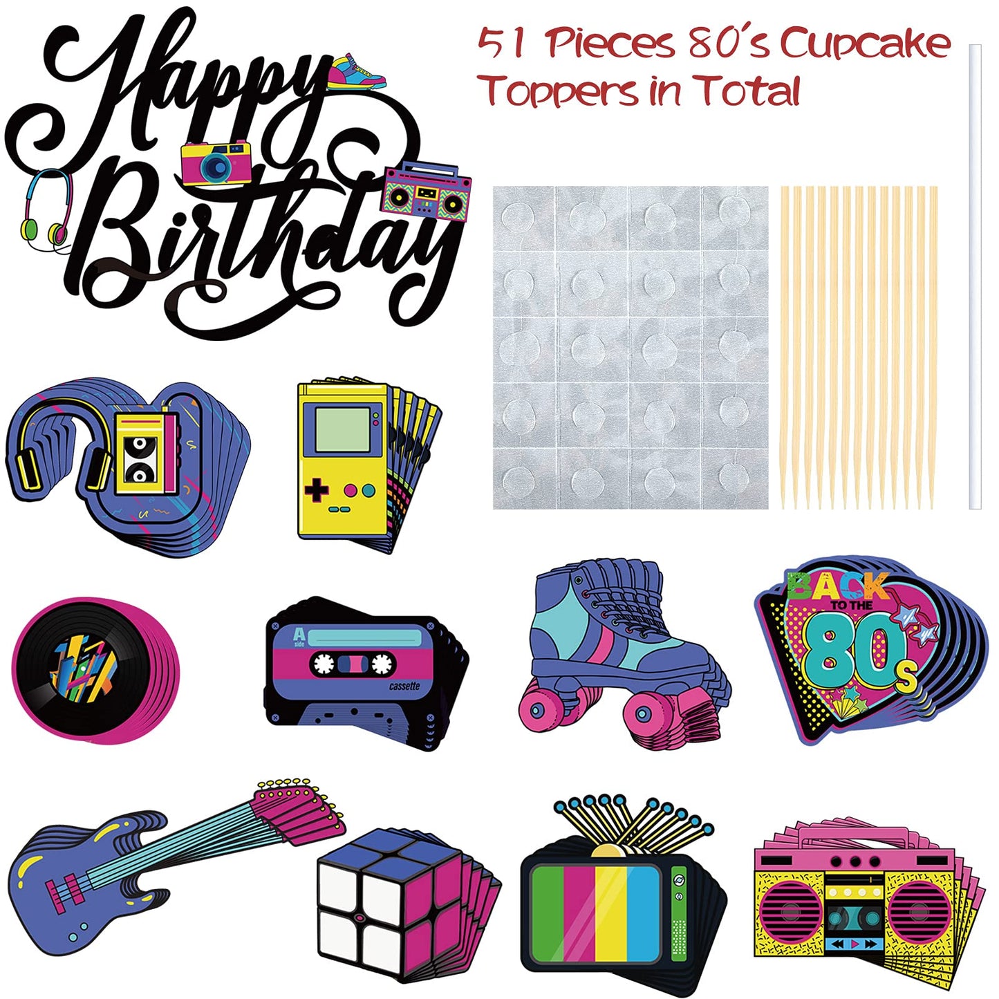 Outus 51 Pcs 80s Retro Cake Topper Set, Colorful Paperboard Cupcake Toppers for Party Supplies