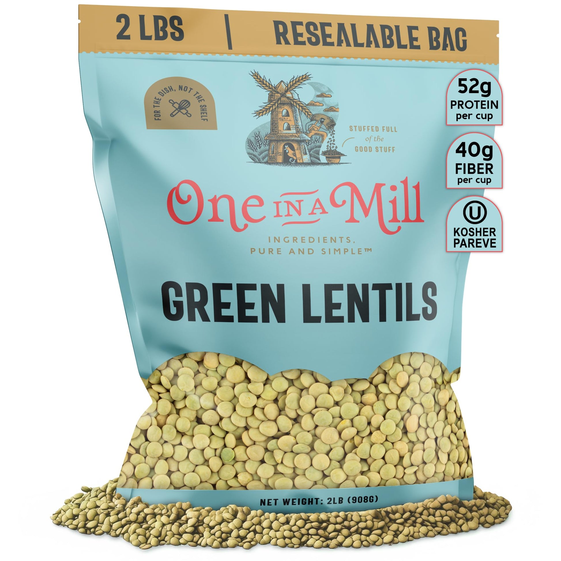 ONE IN A MILL Green Lentils 2LB Bulk Resealable Bag | For Soup, Stews, & Curries | All-Natural Plant-Based Protein | OU Kosher
