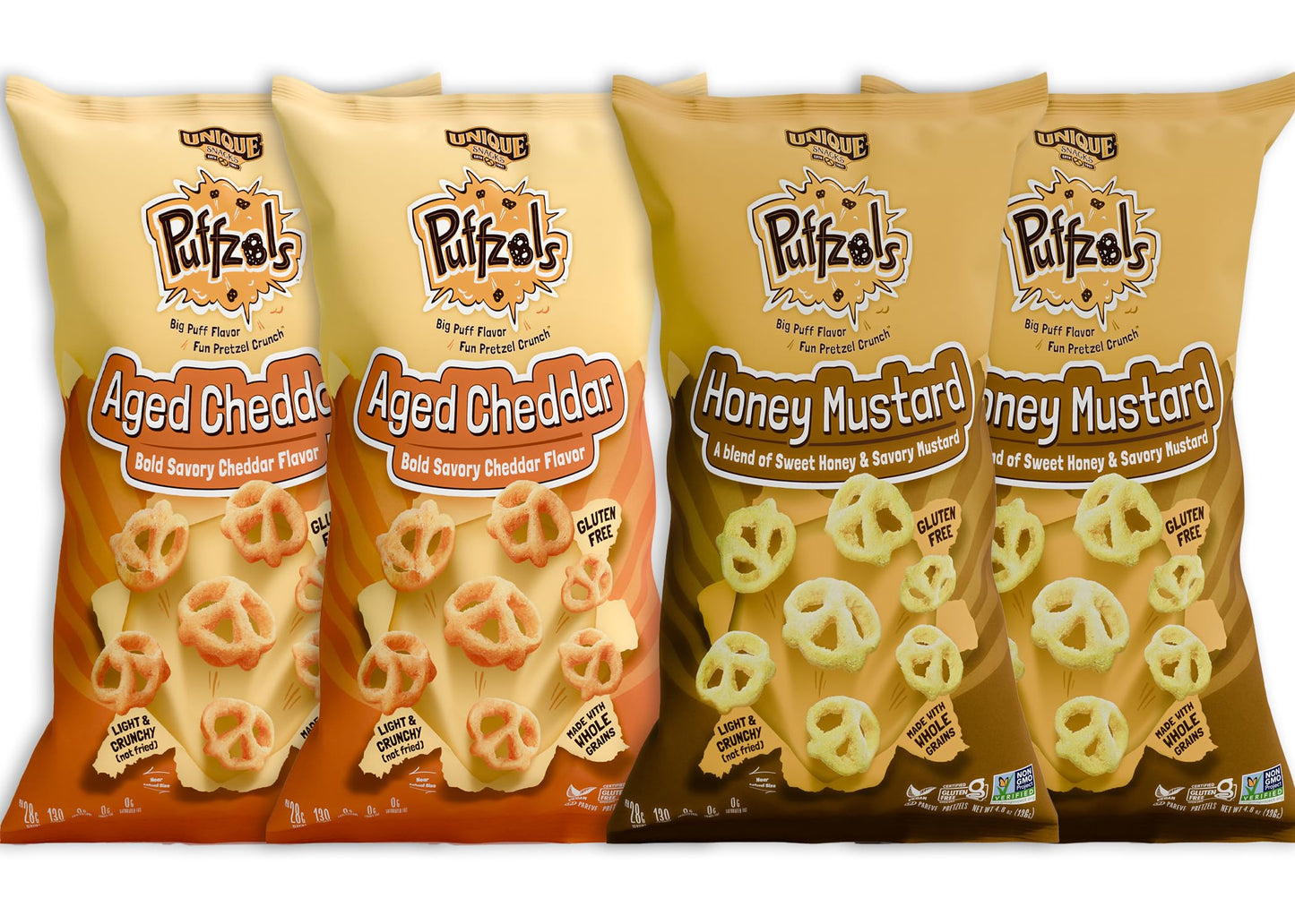 Unique Snacks Puffzels Variety Pack, Aged Cheddar And Honey Mustard, 2 Bags Of Each, Gluten-Free Snacks, 4.8 Ounce Snack Bags, Pack Of 4