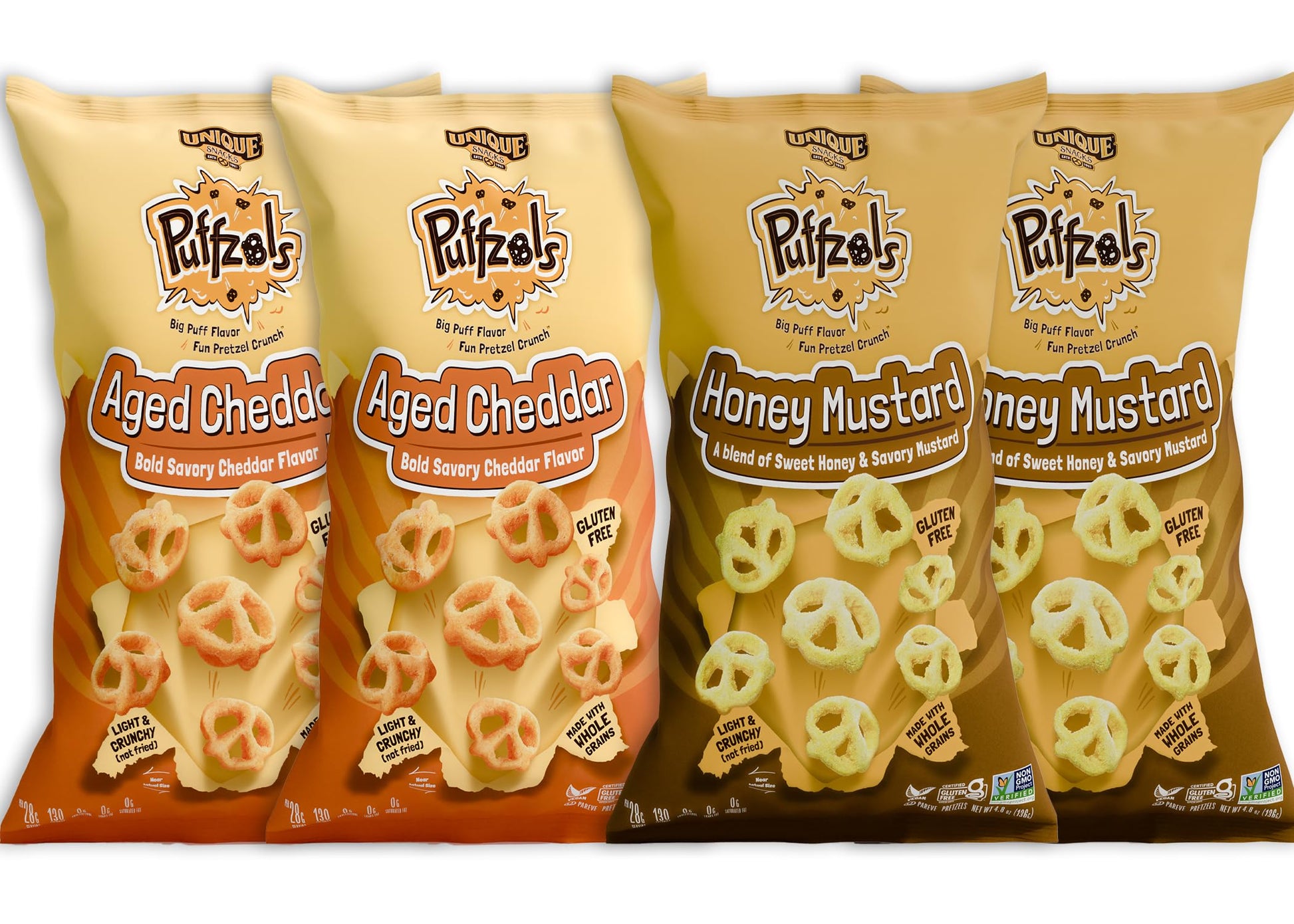 Unique Snacks Puffzels Variety Pack, Aged Cheddar And Honey Mustard, 2 Bags Of Each, Gluten-Free Snacks, 4.8 Ounce Snack Bags, Pack Of 4