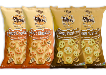 Unique Snacks Puffzels Variety Pack, Aged Cheddar And Honey Mustard, 2 Bags Of Each, Gluten-Free Snacks, 4.8 Ounce Snack Bags, Pack Of 4