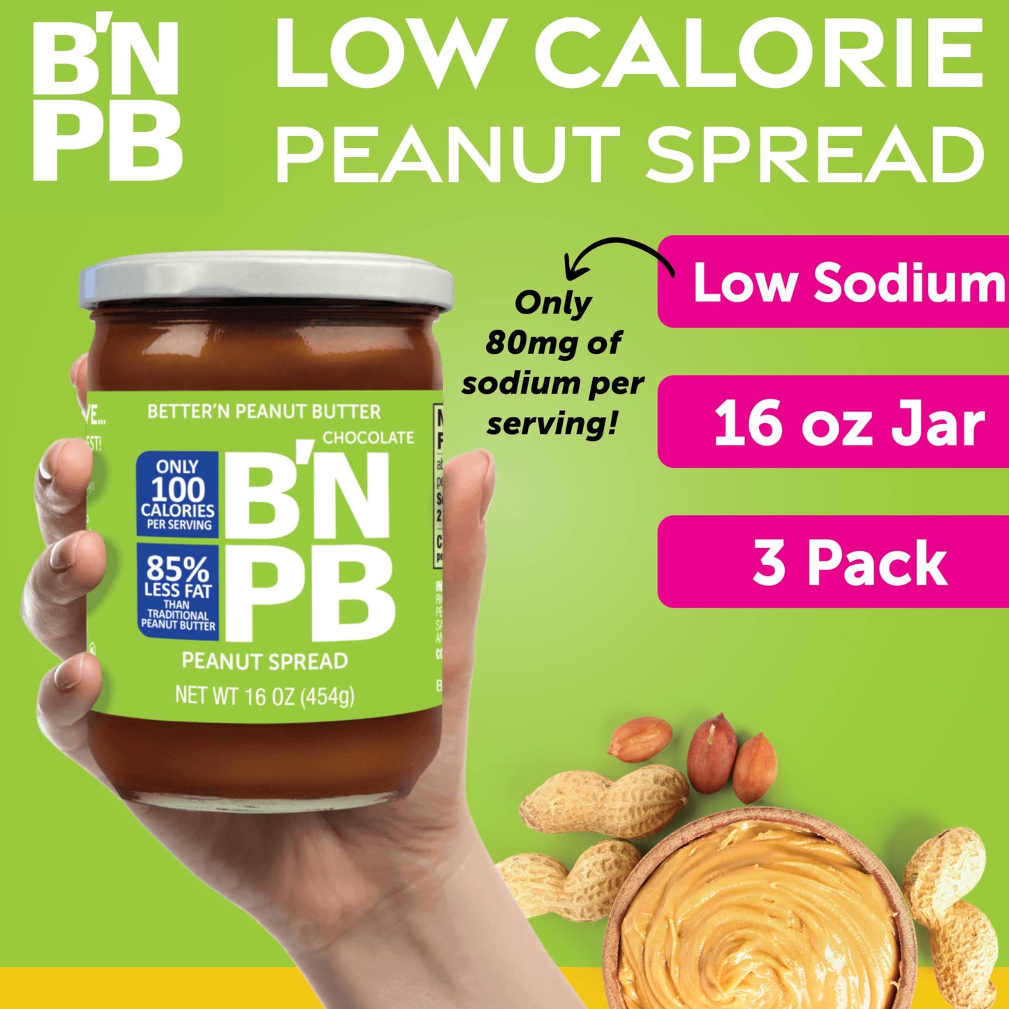 Better’n Peanut Butter Low Fat Chocolate Peanut Butter Spread, Creamy, Gluten Free, Dairy Free, Pack of 3, 16 oz Glass Jars