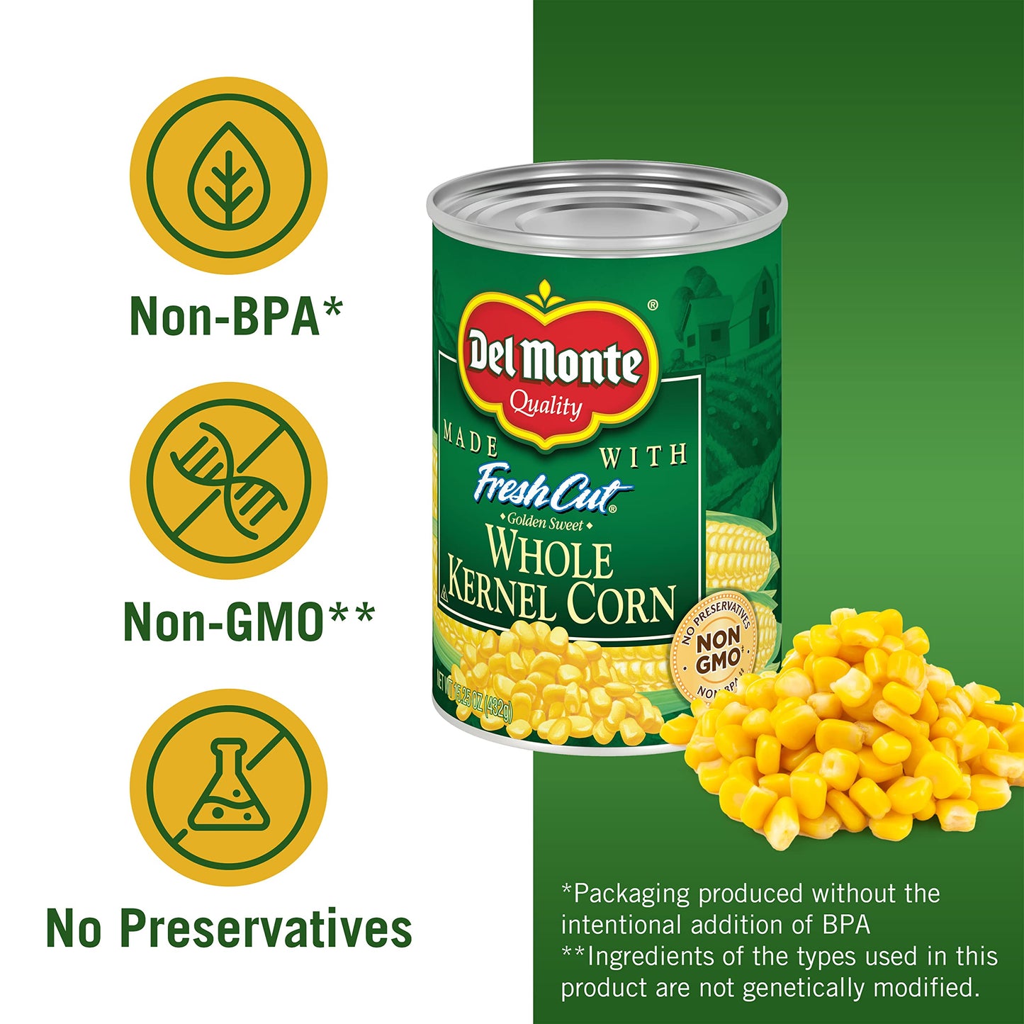 Del Monte Fresh Cut Golden Sweet Whole Kernel Corn, Canned Vegetables, 15.25 Oz Can