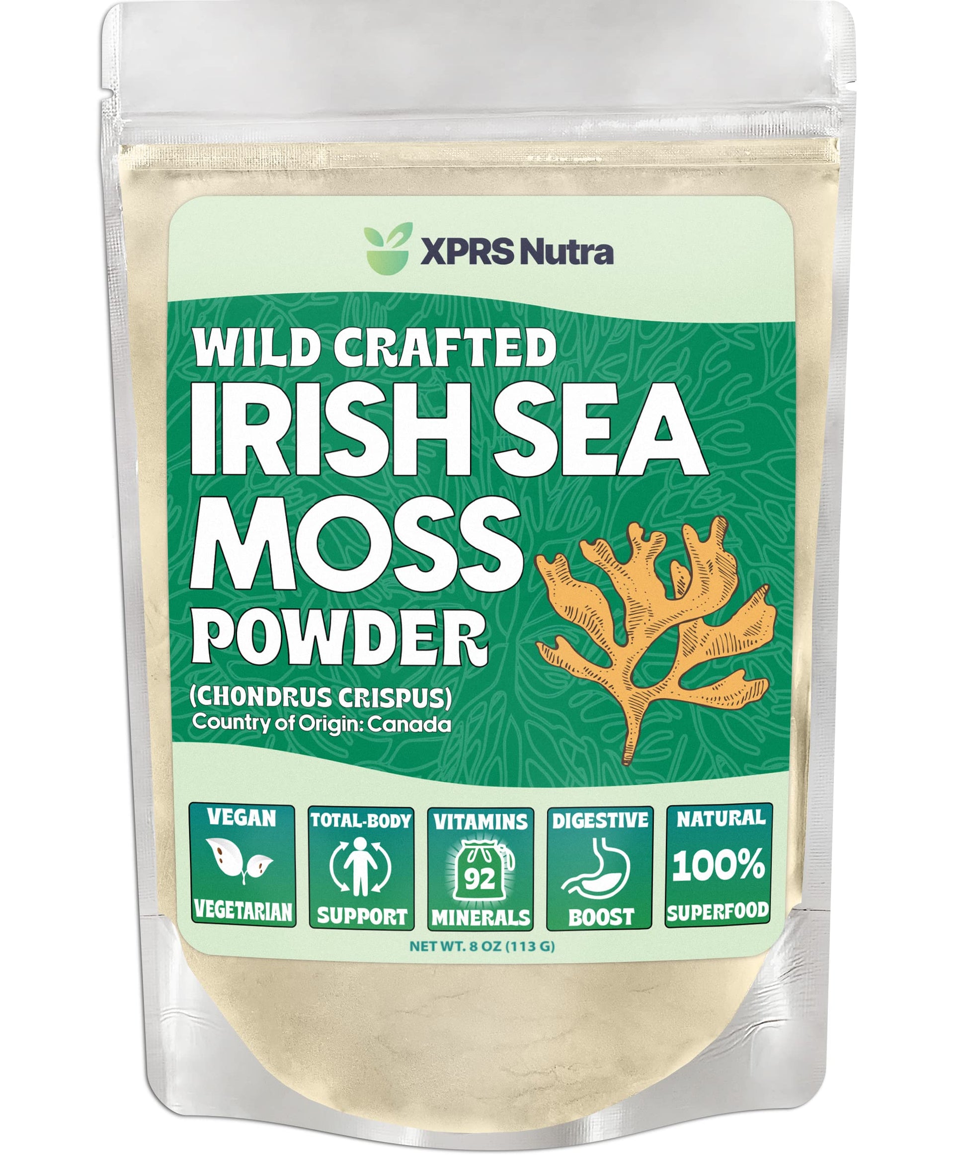 Xprs Nutra Irish Sea Moss Powder (Chondracanthus Chamissoi) - Enhanced Wildcrafted Seamoss Powder For Glowing Skin - Total Body Health Sea Moss Drink Powder - Vegan Friendly Irish Moss Powder (8 Oz)