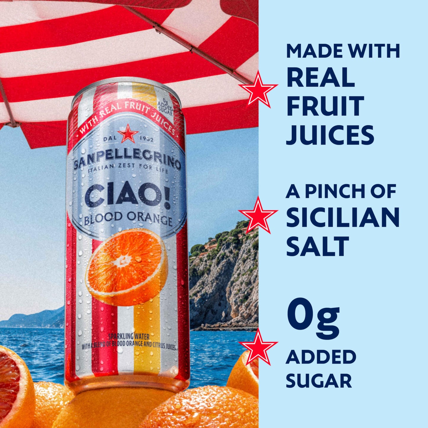 Sanpellegrino CIAO Blood Orange Sparkling Water, Low-Calorie Italian Sparkling Water with Real Fruit Juices, 0g Added Sugar, 6-P
