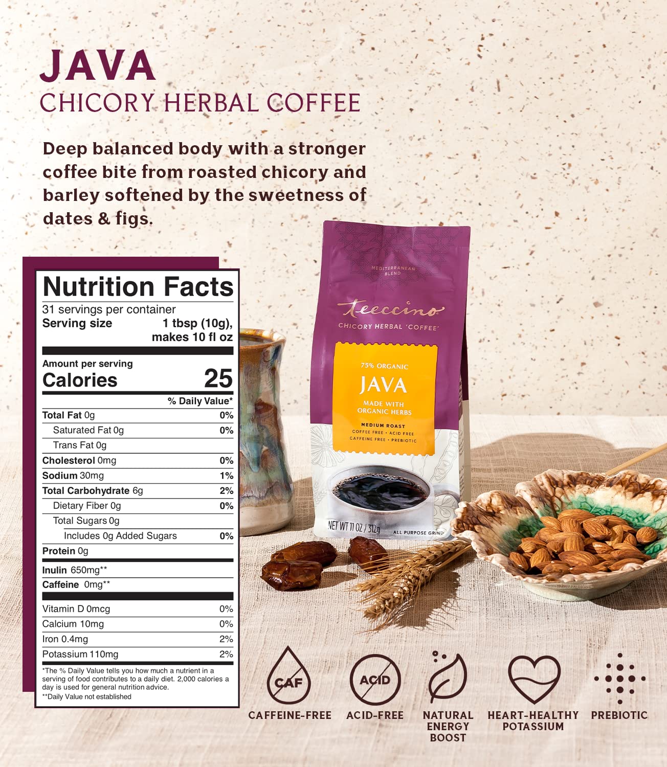Teeccino Chicory Coffee Alternative - Herbal Coffee, Caffeine Free, Medium Roast, 11 Ounce (Pack of 2)