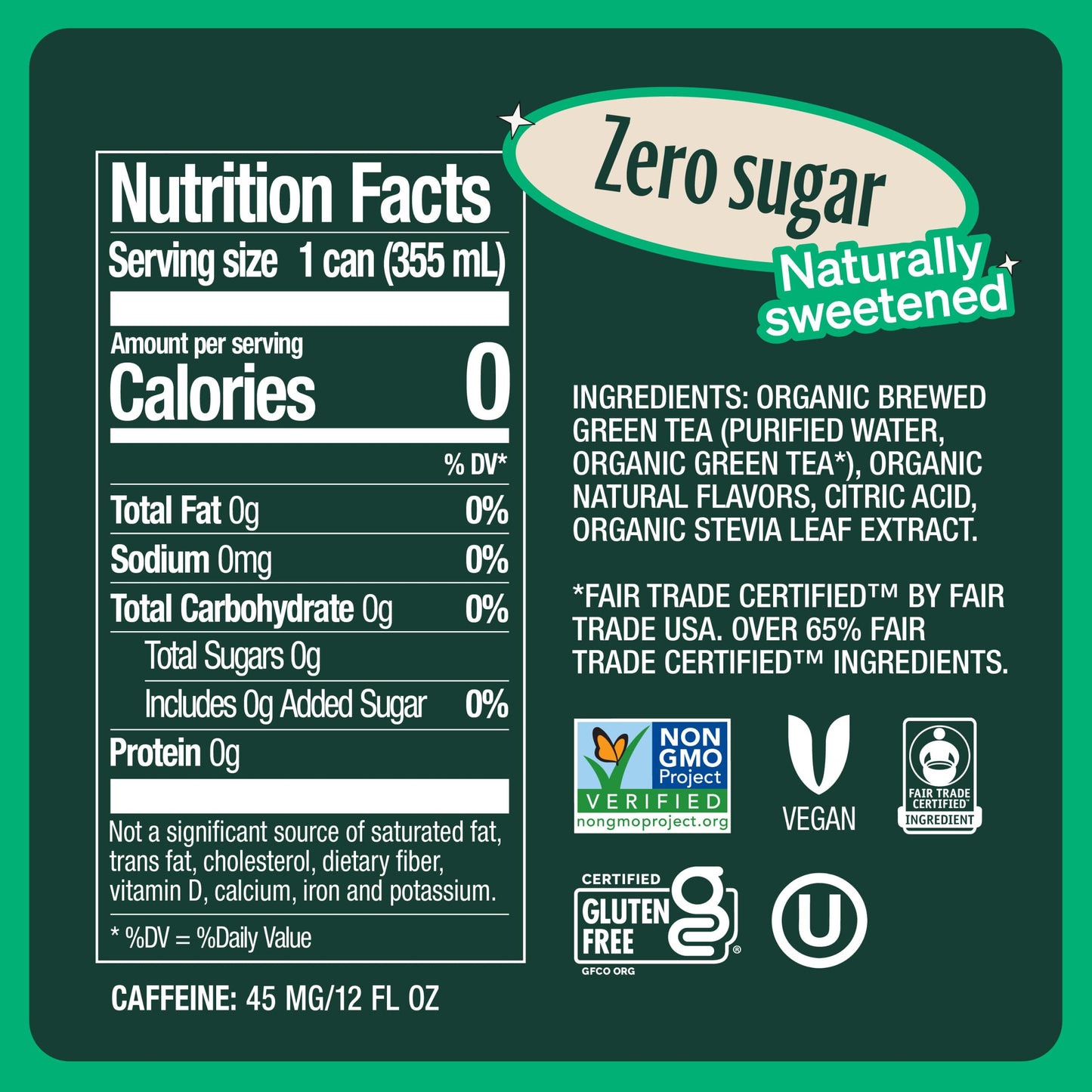 Zevia Zero Sugar, Green Tea, 12 Fl Oz Cans (Pack Of 12)