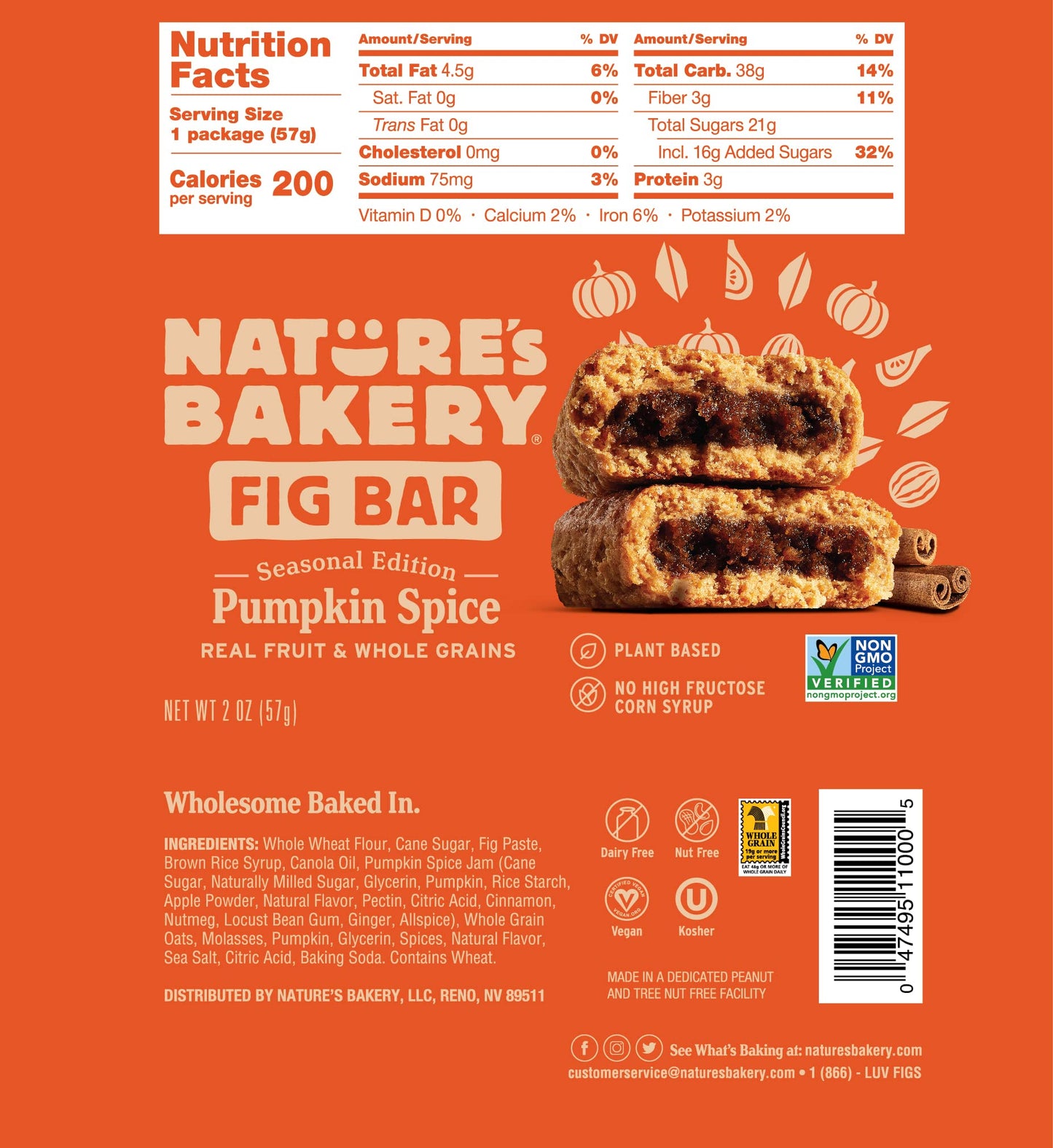 Nature s Bakery Whole Wheat Pumpkin Spice Fig Bars, 2 oz Snack Bars (36 Ct), Plant-Based, Vegan, Non-GMO