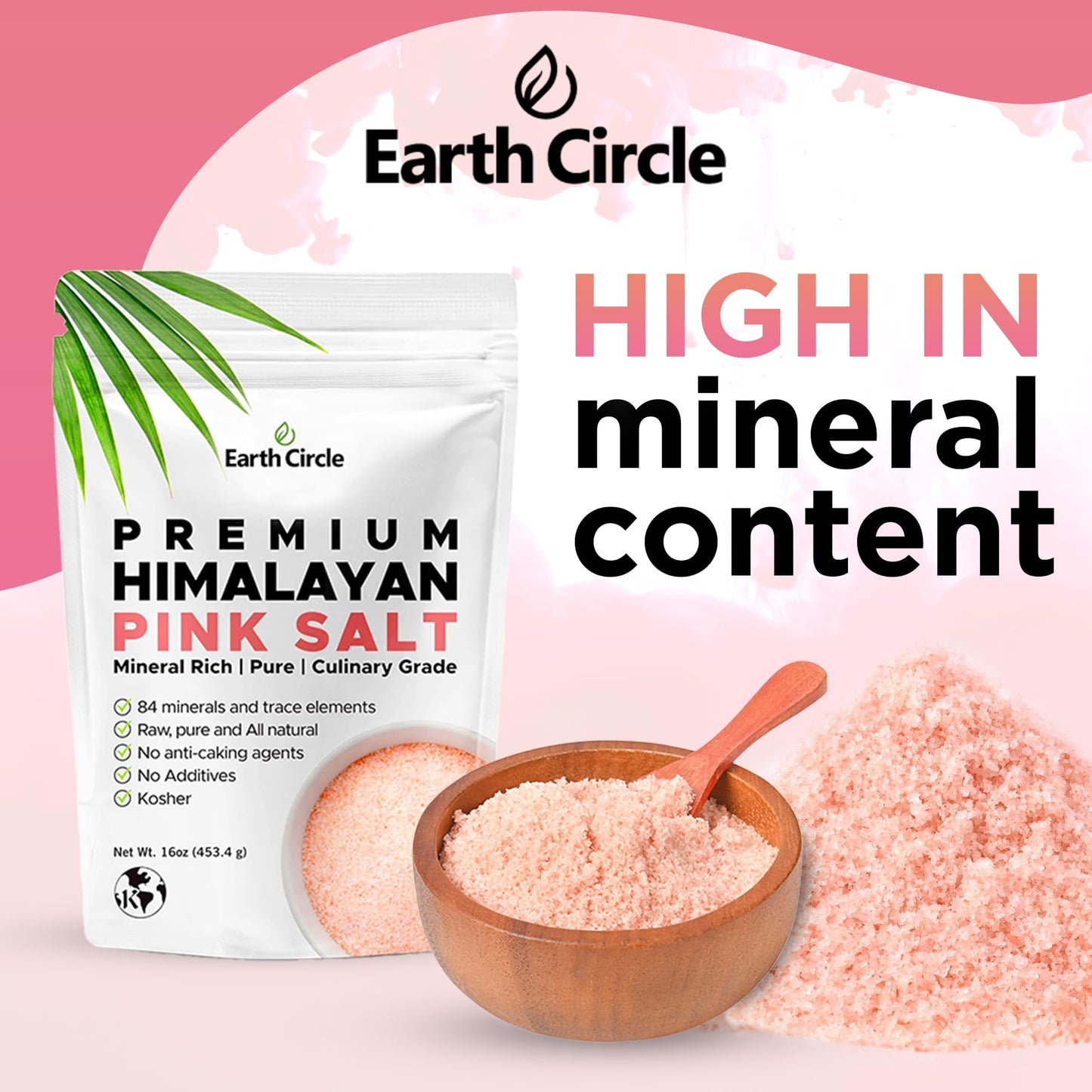 Earth Circle Organics Himalayan Pink Fine Grain Salt, Culinary Grade, 16 Ounce, Kosher, Nutrient Dense