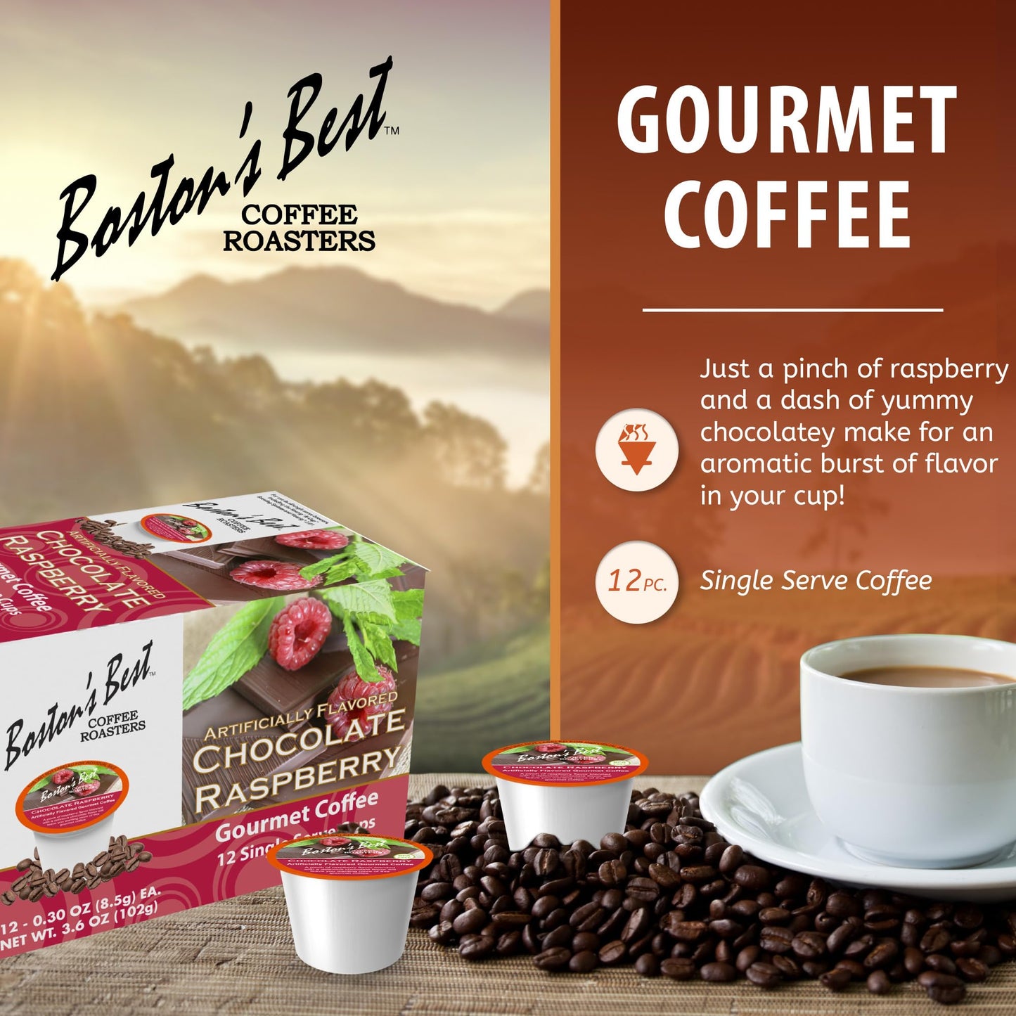 Bostons Best Chocolate Raspberry Medium Roast Coffee Compatible with Keurig, 12 Single Serve Cups, Model 017809009240