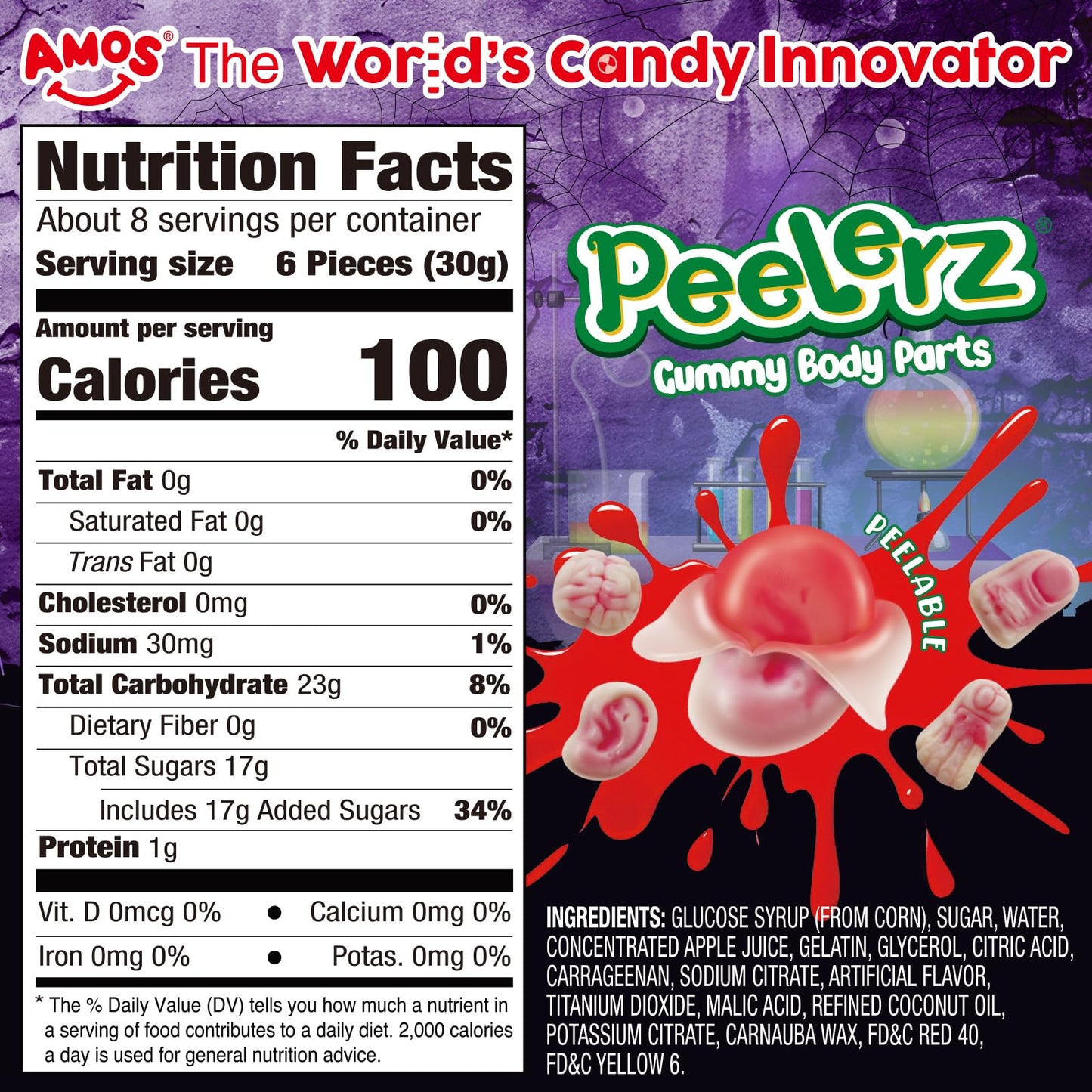 Amos Halloween Peelerz Body Parts Gummies Candy, Individually Wrapped, 240g (8.47oz) Bag, Fun   for Kids and mature-themeds