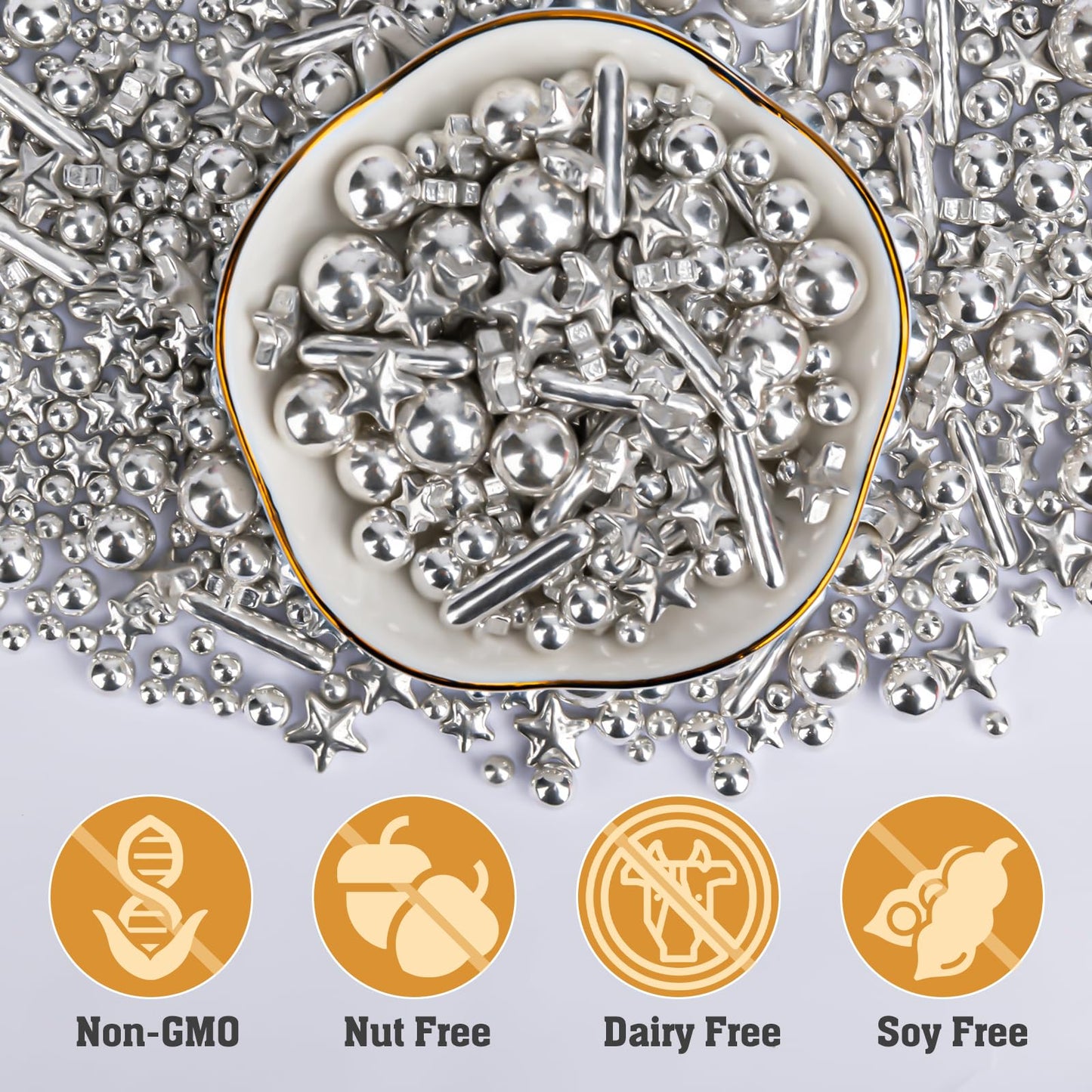 Twisweet Silver Pearl Rods Star Sprinkles, Edible Sugar Sprinkles for Cake Decorating, Mix Size Candy Pearls for Baking Cake Top